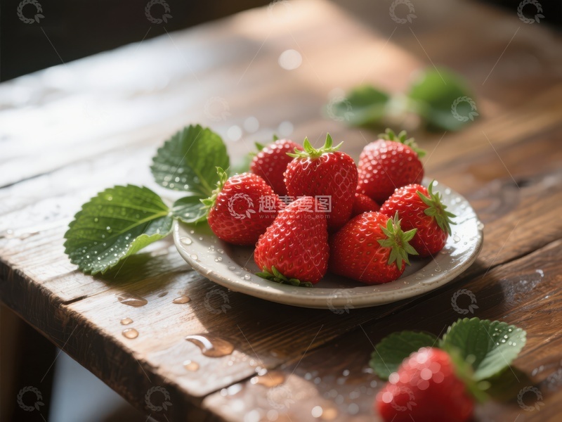 高清大图下载【趣麦麦图】新鲜草莓置于木质桌上的碟中