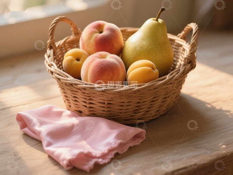 高清大图下载【趣麦麦图】篮子里的水果与粉色布料