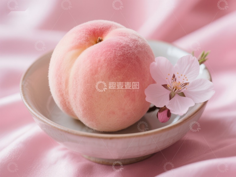 高清大图下载【趣麦麦图】桃子与樱花，静谧粉色碗中