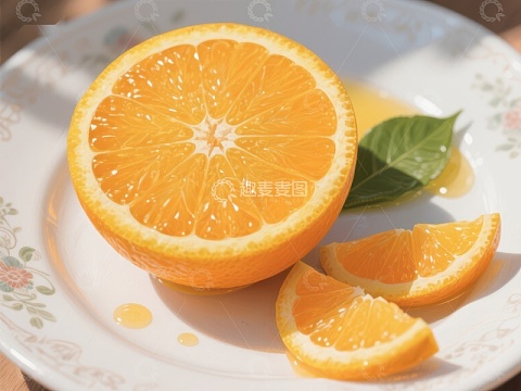 新鲜橙子切片与绿叶装饰