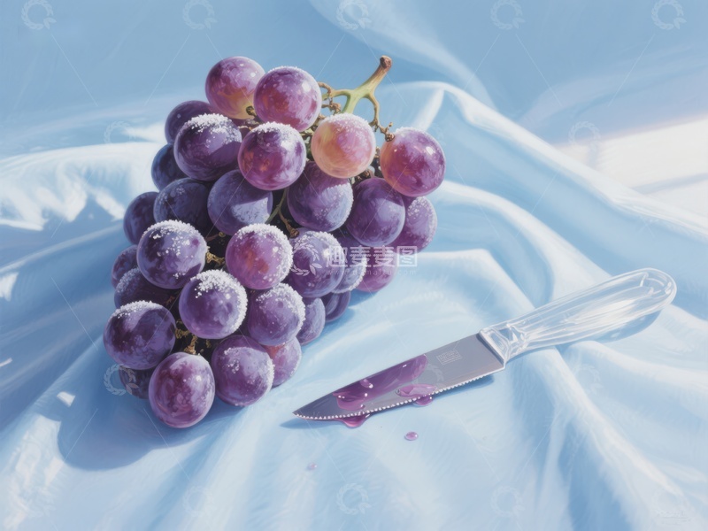 高清大图下载【趣麦麦图】紫葡萄与透明刀具的静物组合