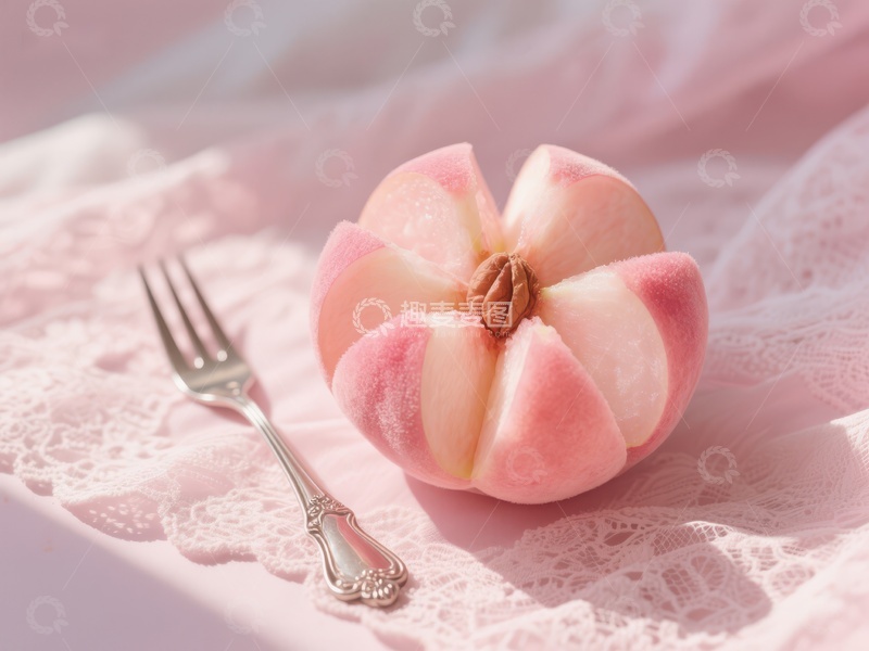 高清大图下载【趣麦麦图】粉色花瓣状水果与复古叉子