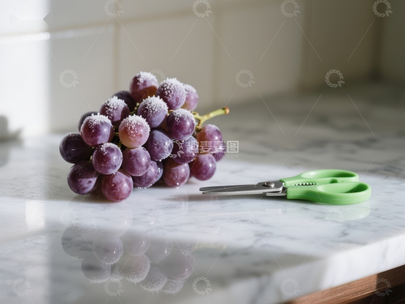 高清大图下载【趣麦麦图】霜冻葡萄与绿色剪刀置于大理石台面