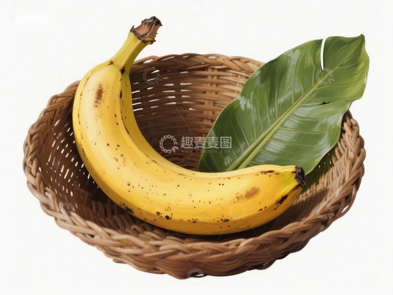 高清大图下载【趣麦麦图】香蕉与绿叶置于编织篮中