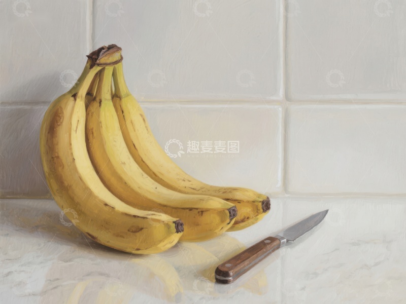 高清大图下载【趣麦麦图】香蕉与刀具的静物画
