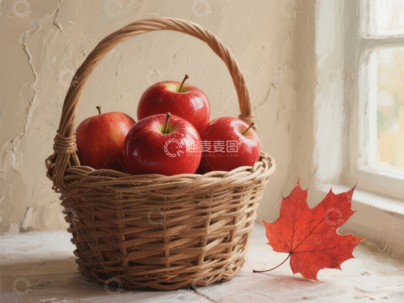 高清大图下载【趣麦麦图】篮子里的红苹果与枫叶