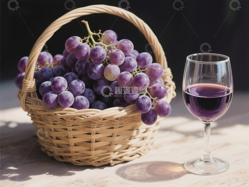 高清大图下载【趣麦麦图】葡萄篮与红酒杯静物图