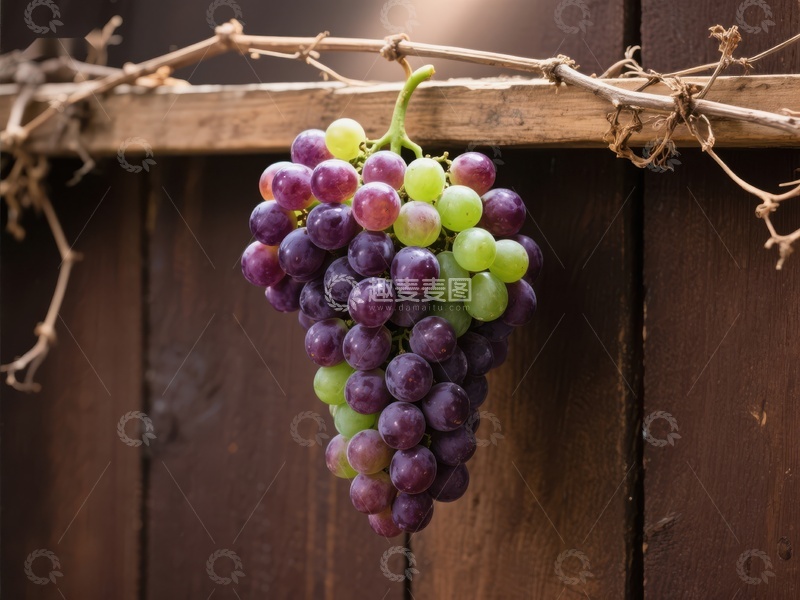 高清大图下载【趣麦麦图】葡萄串挂在木质围栏上