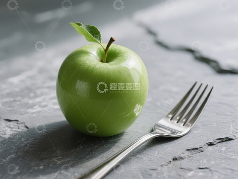 青苹果与叉子静物图