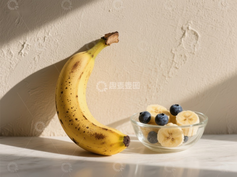 高清大图下载【趣麦麦图】香蕉与蓝莓切片的静物组合