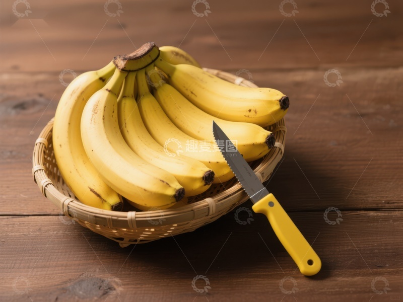 高清大图下载【趣麦麦图】篮子里的香蕉与黄色刀具