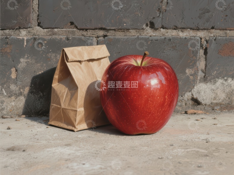 高清大图下载【趣麦麦图】红苹果与纸袋静置墙边