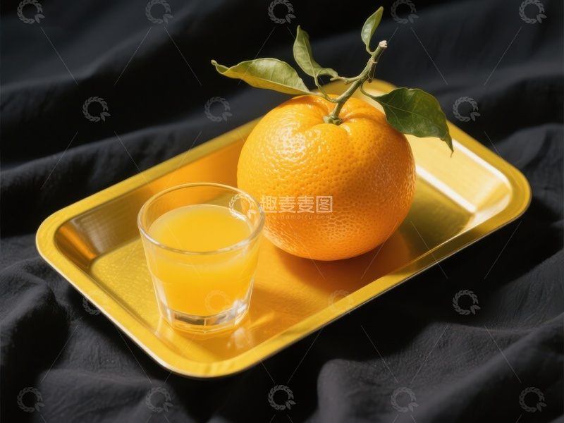 高清大图下载【趣麦麦图】橙子与橙汁置于金色托盘