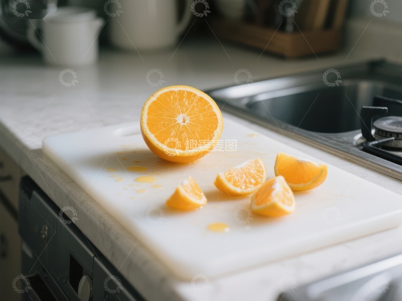 高清大图下载【趣麦麦图】切开的橙子放在厨房砧板上