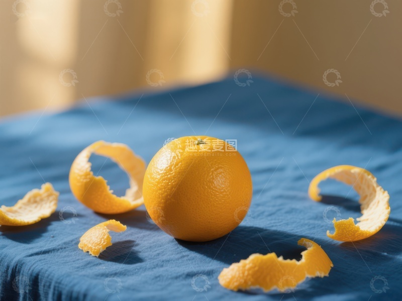 高清大图下载【趣麦麦图】剥皮的橙子静置于蓝色布料上