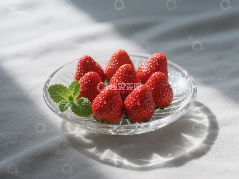 高清大图下载【趣麦麦图】玻璃碗中的新鲜草莓与薄荷叶