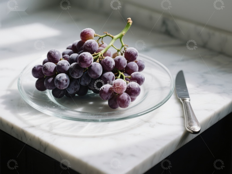 高清大图下载【趣麦麦图】葡萄置于玻璃盘上，旁配刀具