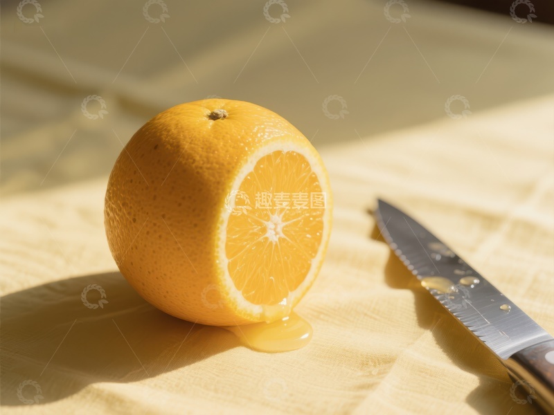 高清大图下载【趣麦麦图】切开的橙子与刀具