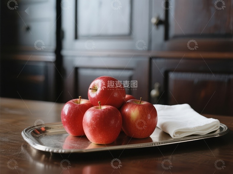 银盘上的红苹果与白布
