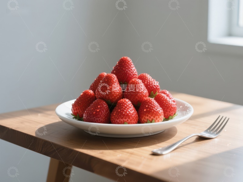 高清大图下载【趣麦麦图】新鲜草莓堆放在白色盘子上