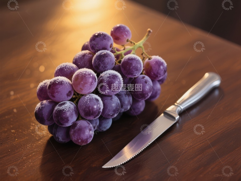 高清大图下载【趣麦麦图】新鲜葡萄与刀具静物图