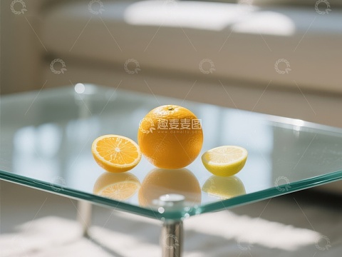 玻璃桌上摆放的橙子与柠檬