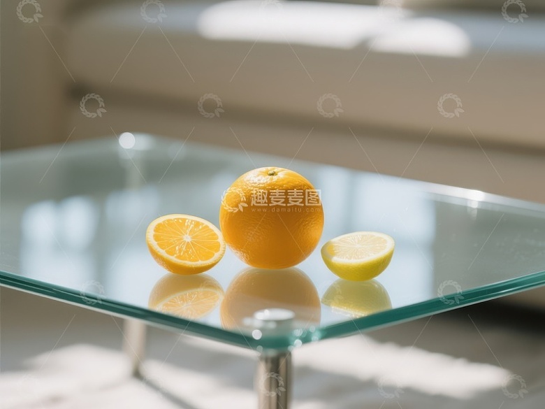 玻璃桌上摆放的橙子与柠檬