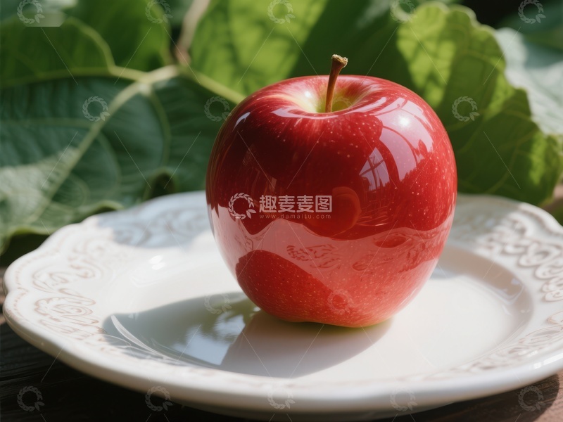 高清大图下载【趣麦麦图】红苹果置于白色盘中，绿叶背景