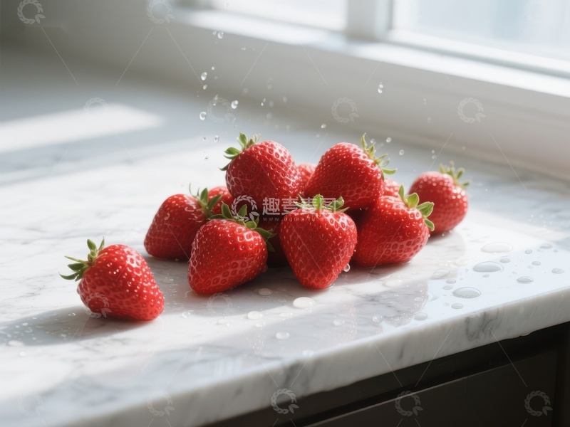 高清大图下载【趣麦麦图】新鲜草莓洒落大理石台面