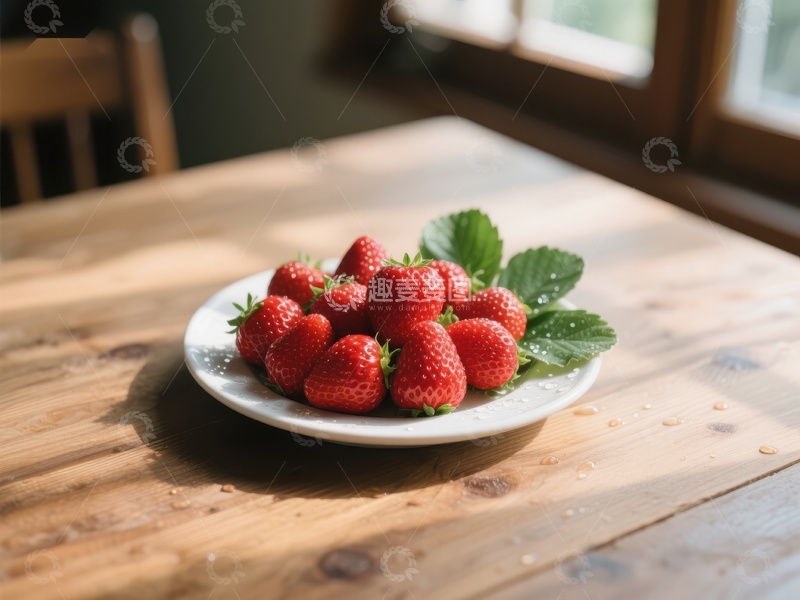 高清大图下载【趣麦麦图】新鲜草莓置于木质桌上的盘中