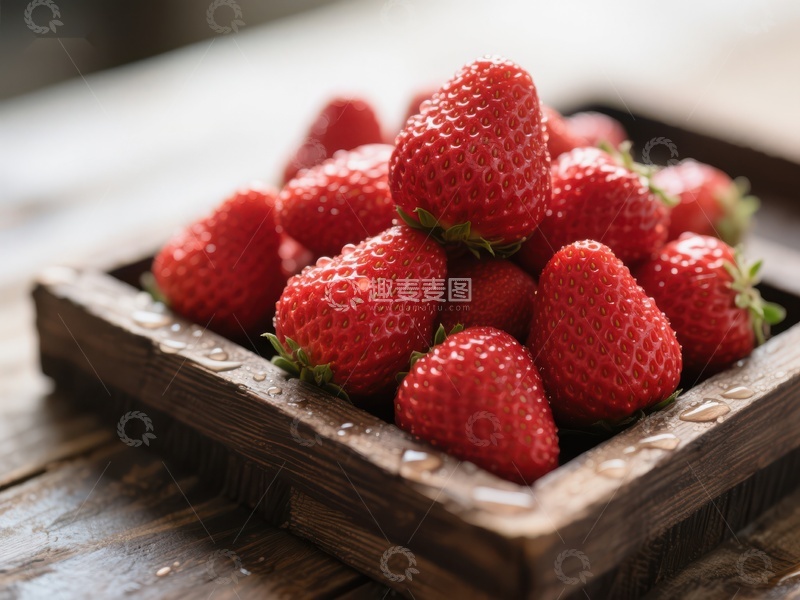 高清大图下载【趣麦麦图】新鲜草莓置于木质托盘中