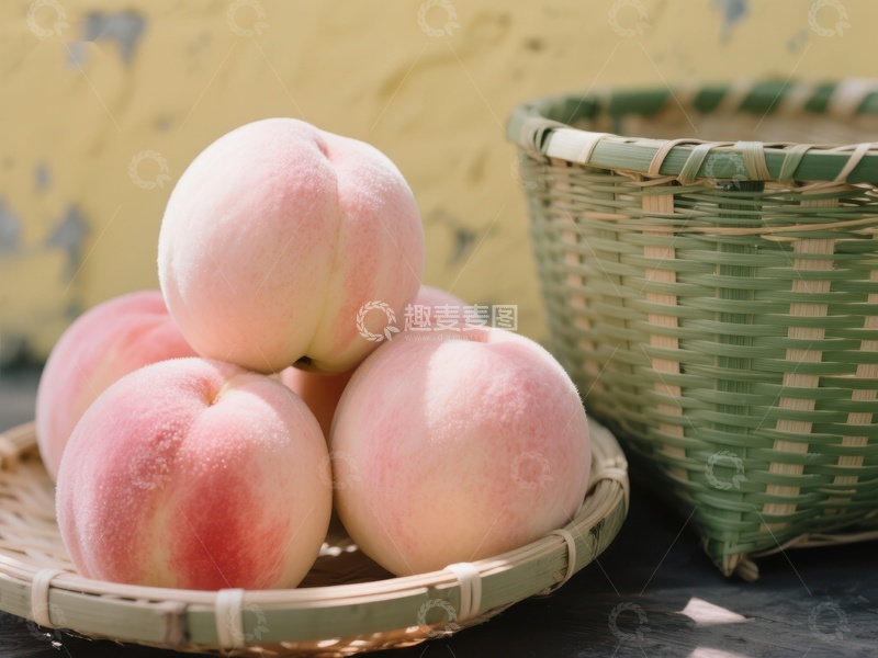 高清大图下载【趣麦麦图】新鲜桃子与竹篮静物图