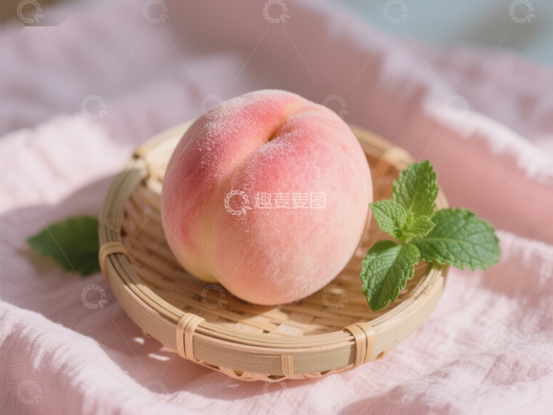 高清大图下载【趣麦麦图】新鲜桃子置于竹盘，点缀薄荷叶