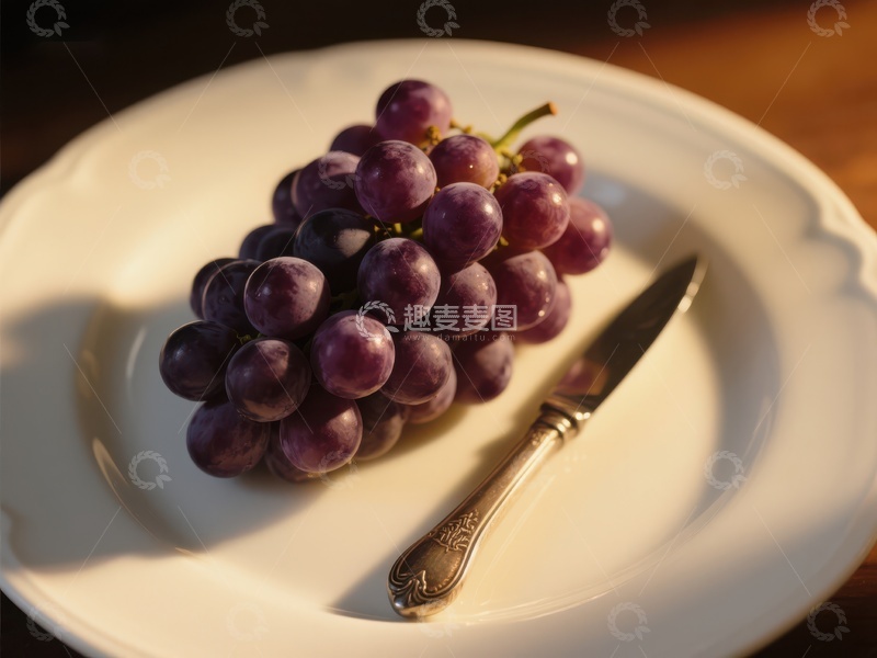 高清大图下载【趣麦麦图】盘中紫葡萄与银刀