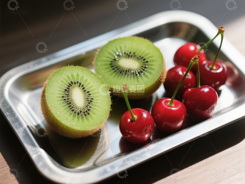高清大图下载【趣麦麦图】切开的猕猴桃与樱桃置于金属盘中