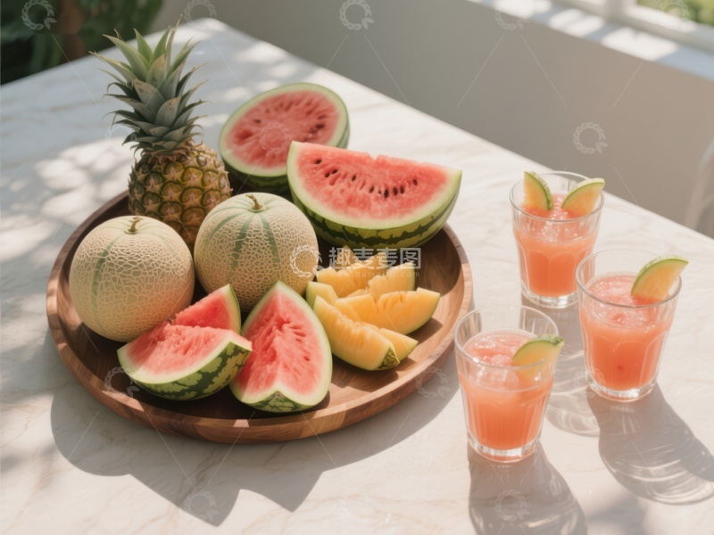 高清大图下载【趣麦麦图】夏日水果拼盘与果汁