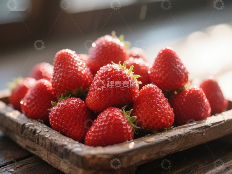高清大图下载【趣麦麦图】新鲜草莓堆放在木质托盘上