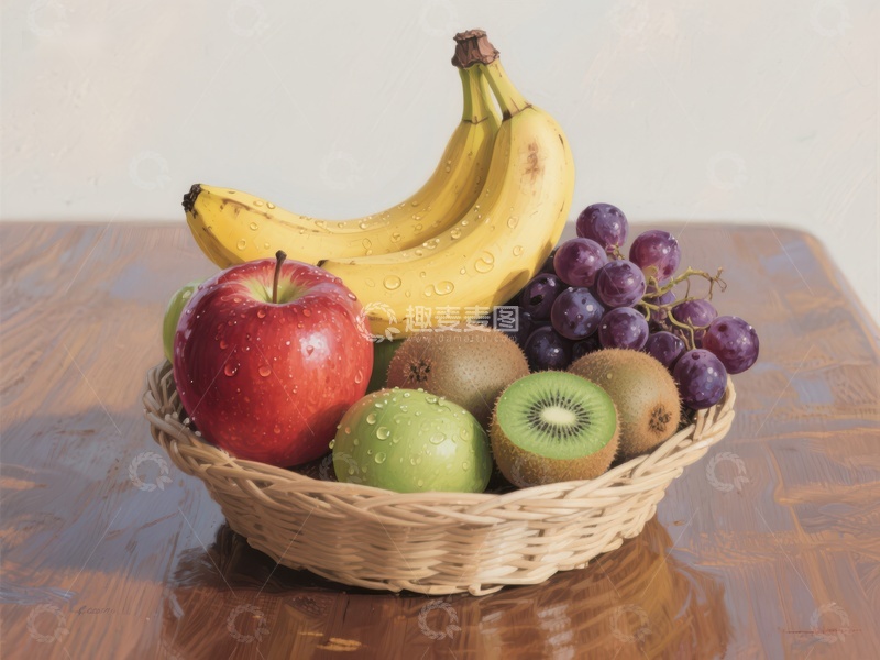 高清大图下载【趣麦麦图】新鲜水果篮：苹果、香蕉、葡萄和猕猴桃