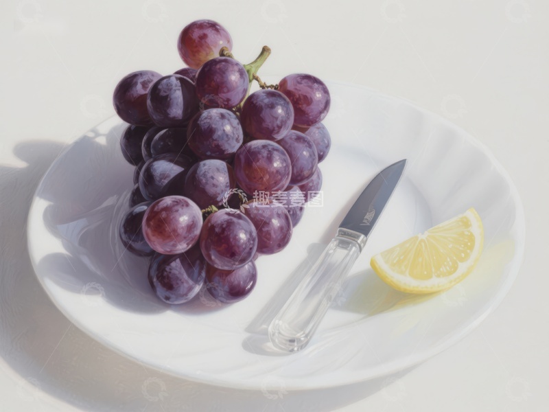 高清大图下载【趣麦麦图】葡萄与柠檬片置于盘中