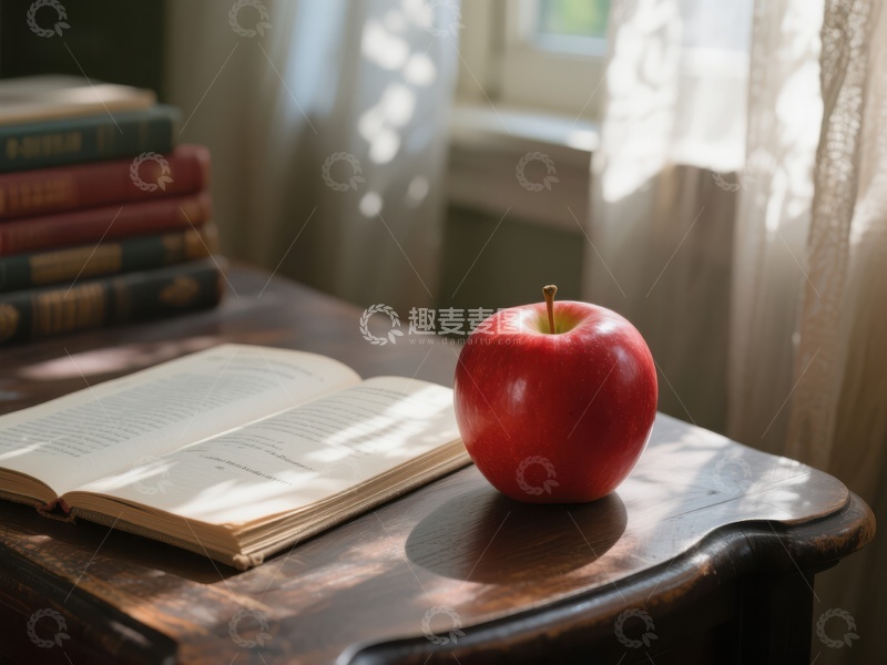 高清大图下载【趣麦麦图】书桌上的红苹果与打开的书