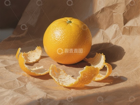 新鲜橙子与剥落的果皮