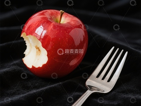 被咬一口的红苹果与叉子