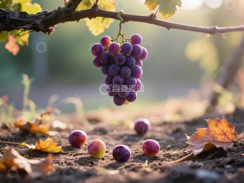 高清大图下载【趣麦麦图】葡萄藤上的紫葡萄与散落的果实