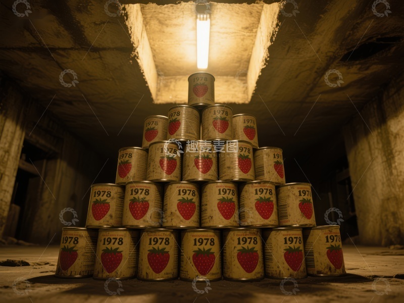 堆叠罐头在昏暗地下室
