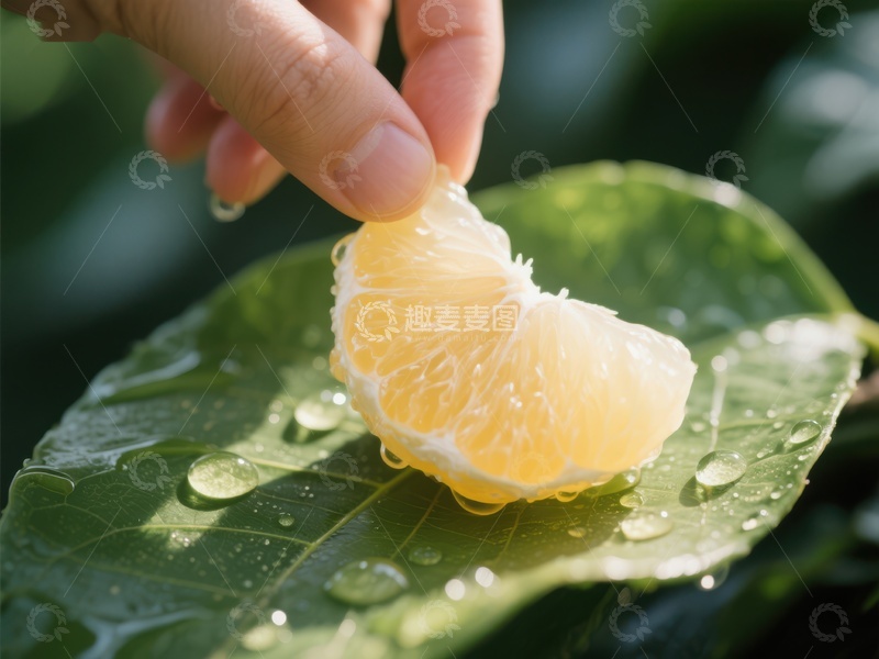 高清大图下载【趣麦麦图】手握柑橘果肉置于绿叶之上