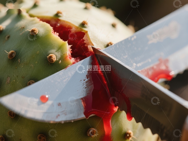 高清大图下载【趣麦麦图】刀切仙人掌果，红色汁液流出