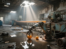 废弃工厂中的机械臂与橙色球体