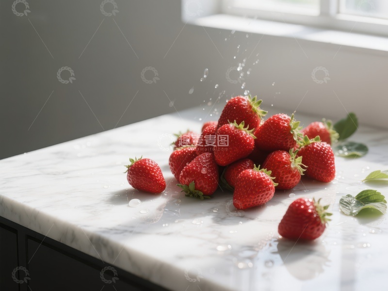 高清大图下载【趣麦麦图】新鲜草莓在大理石台面上溅水