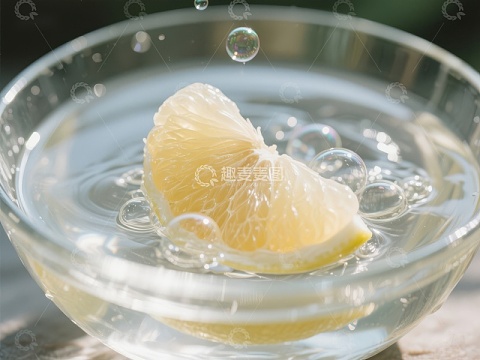 柠檬片在水中漂浮，气泡环绕