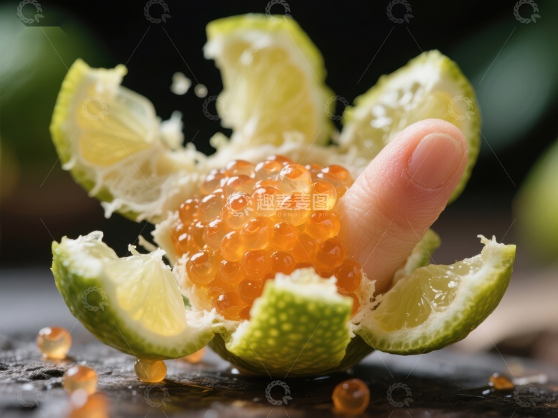 高清大图下载【趣麦麦图】手指轻触柑橘果肉，橙色籽粒溢出